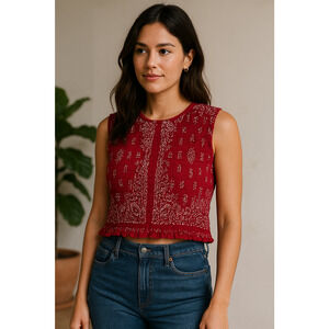 Vintage UltraPink Smocked Tank Top Womens Medium Red Bandana Print Crop Y2K Boho